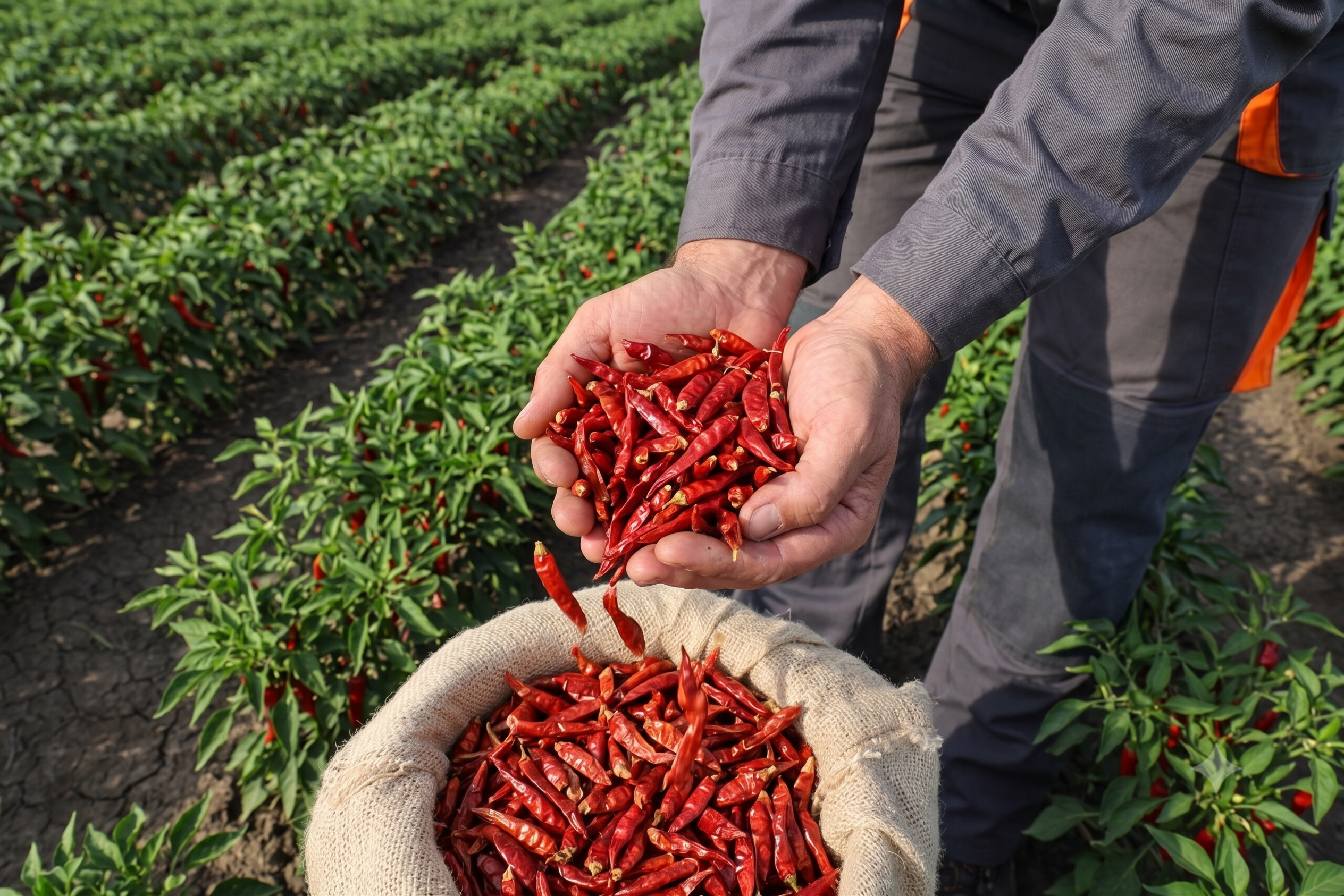 Farmers harvesting red chilli